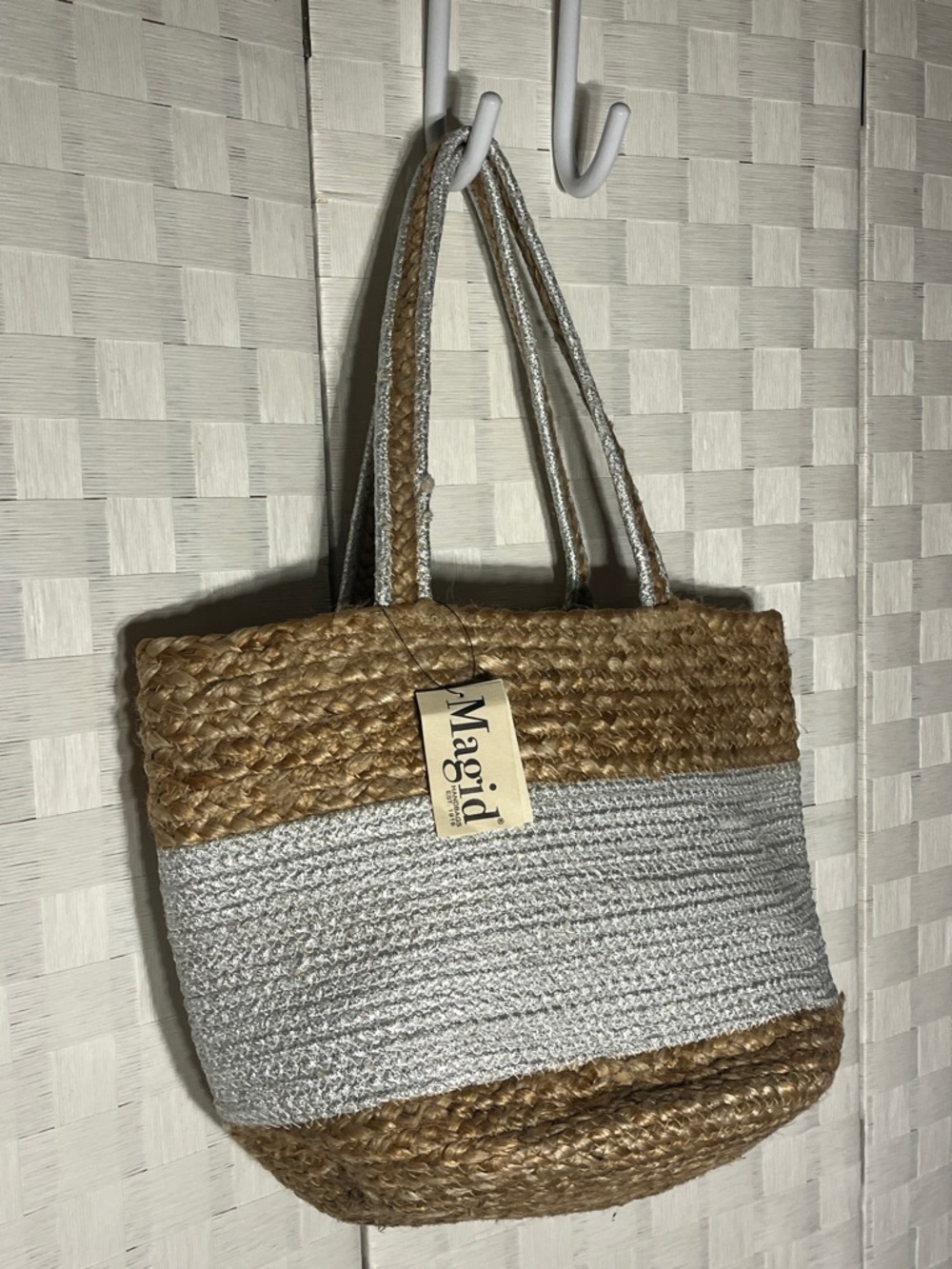 Magid Natural and Silver Two-Tone Straw Tote Jute Boho Beach Cruise Packable - Picture 7 of 7